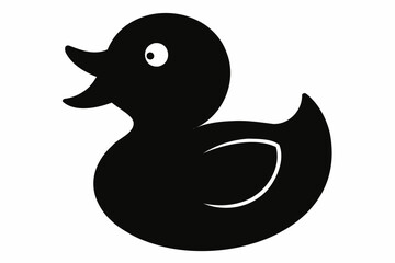Black silhouette of a rubber duck isolated on a white background. Bath toy duck icon. Concept of minimalism, bath toy, simple design. Print, icon, logo, template, design element. Graphic art