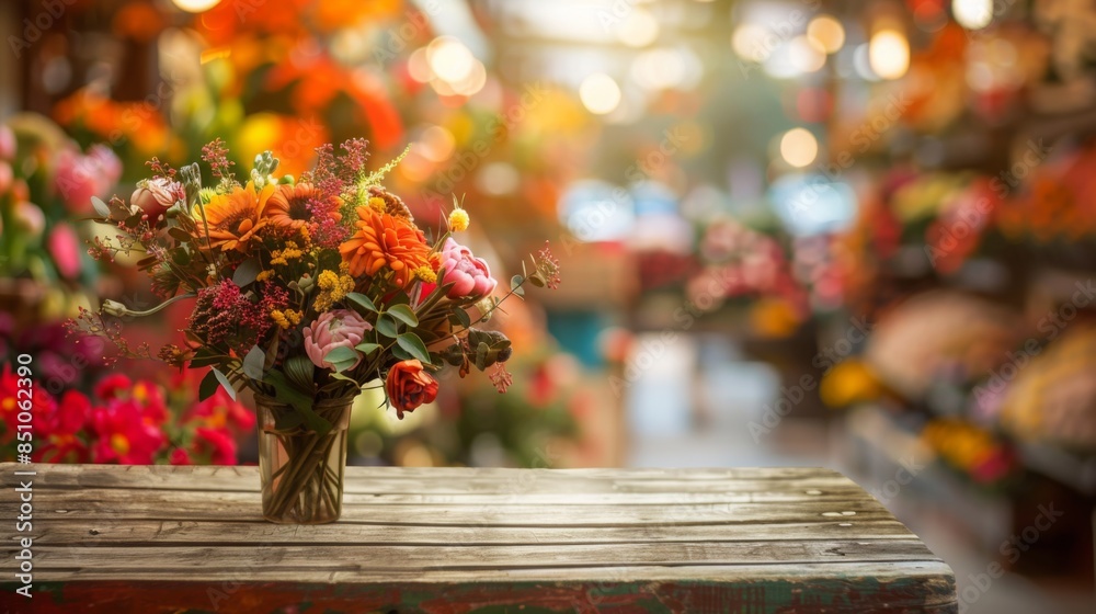 Poster a vibrant bouquet of flowers sits on a rustic wooden table in front of a blurred background of a flo