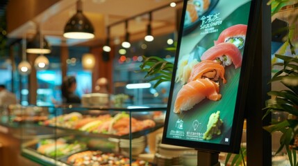 A digital sushi menu at a restaurant highlights various sushi rolls. Positioned on the counter with a blurred interior background, glass case shows more options.