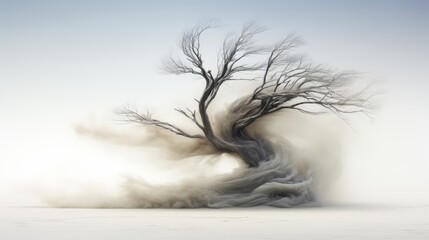 Fototapeta premium Artistic image of a tree in a foggy landscape, muted colors. Suitable for nature, landscape, and minimalistic themes.