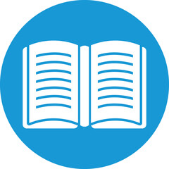 Open book icon blue round background isolated white. Symbol reading knowledge literature open book, book illustration educational study learning content