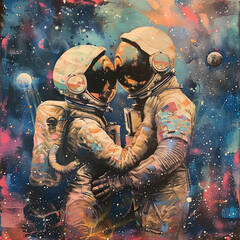 man astronaut and woman astronaut date in space. love in space. couple in space hugging.