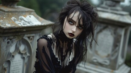 Fototapeta premium Portrait of a brunette Goth style inspired woman, fashion and make-up shoot. Gothic, Goth, Emo, New Wave, Dark style fashion. Dark smokey make-up, red lipstick. Dramatic. Elegant.
