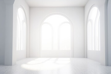 Minimalistic Empty Sunny White Interior with Big Bow Window