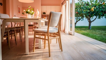 A dining room with a table and chairs in front of an open door, AI