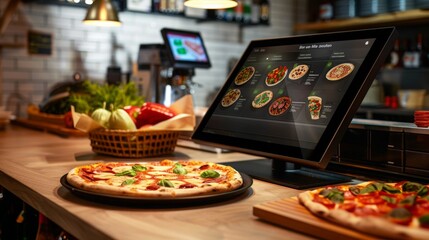 A close-up of a digital menu display showcasing various pizza options, sitting on a wooden counter in a restaurant kitchen. A freshly made pizza is visible in the foreground.
