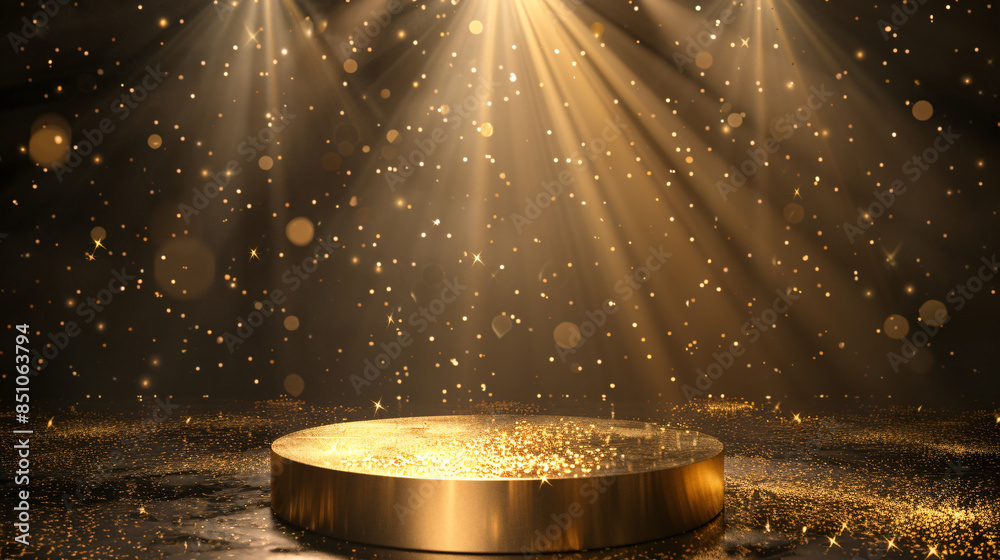 Leinwandbilder illuminated round stage with golden lights and sparkling particles on a dark background