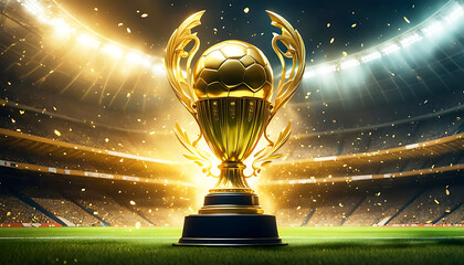 Goldener Fußball Pokal Sieg Bundesliga gewinnen dynamisch bewegt durch Spritzer aus flüssigem Gold strahlende Sieger Champions League Meisterschaft Europa Ball Tor Cup Sport Erfolg