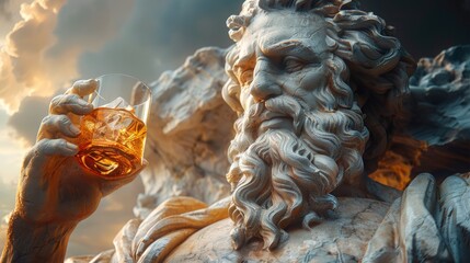 Ancient greek god statue holding glass of scotch whisky alcohol