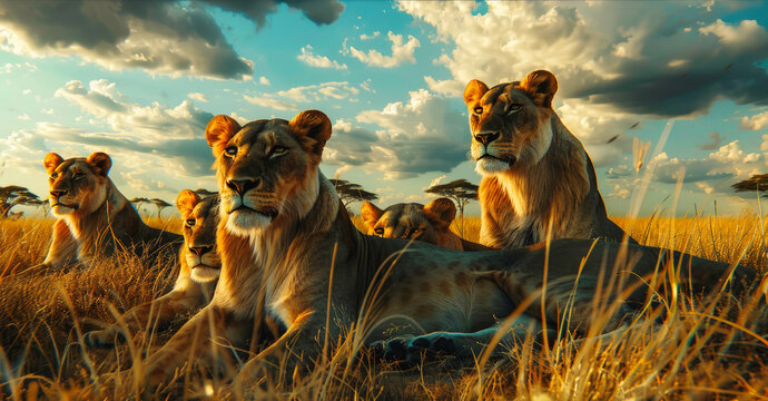 Panoramic shot of a pride of lions resting in the savanna  premium quality