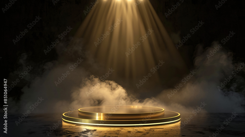 Poster circular stage with atmospheric smoke illuminated by a spotlight in a dim setting
