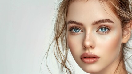 Fototapeta premium Beautiful young woman with fresh clean skin on white background with copy space. Face care, cosmetology, beauty treatment and spa concept 