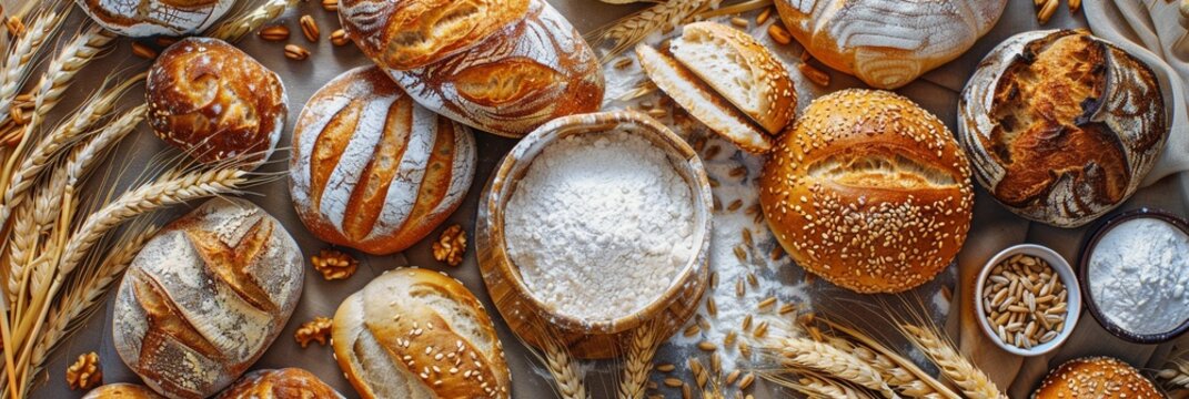 Top view of fresh bakery bread background.