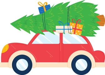 Red car hauling large green Christmas tree topped colorful gift boxes white background. Travel holiday season presents. Festive decoration transporting winter celebration. Vector illustration
