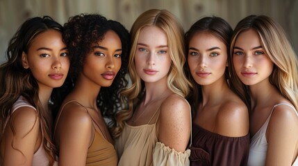 Obraz premium A diverse group of beautiful women with natural beauty and glowing smooth skin. Portrait of many attractive female fashion models with great skincare of all races, tones and style
