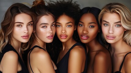 Obraz premium A diverse group of beautiful women with natural beauty and glowing smooth skin. Portrait of many attractive female fashion models with great skincare of all races, tones and style