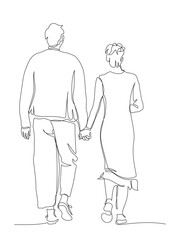 Couple holding hands walking away. Back view. Continuous line drawing. Black and white vector illustration in line art style.