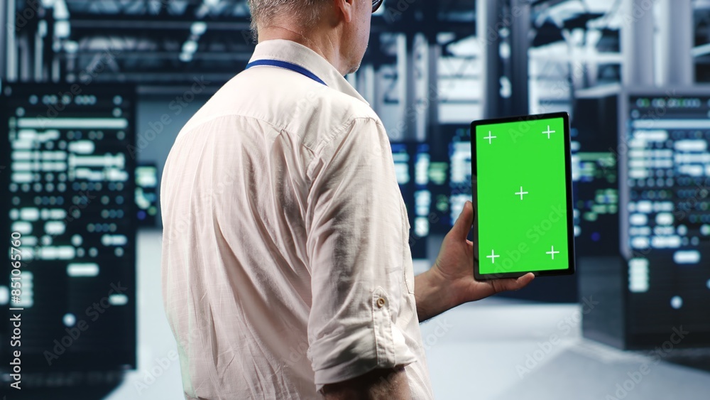 Poster technician in high tech data center using green screen tablet to monitor energy efficient servers us