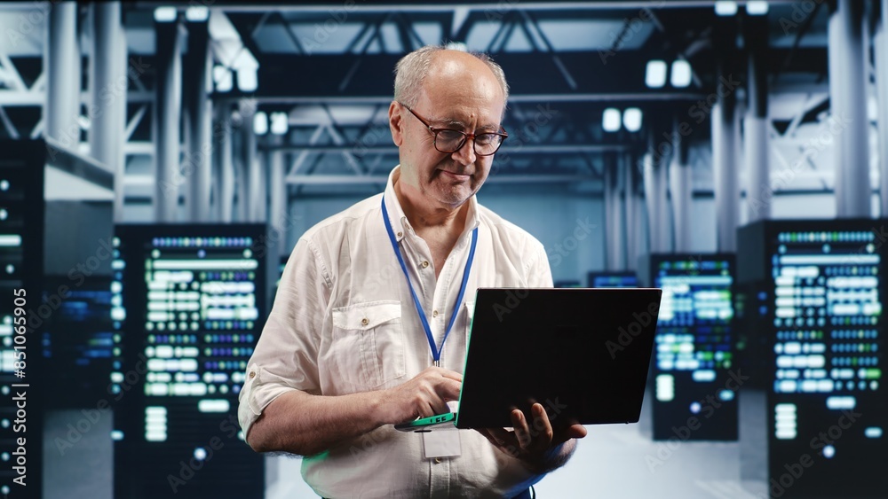 Poster overseeing supervisor expertly managing data while navigating in industrial server room. skilled man