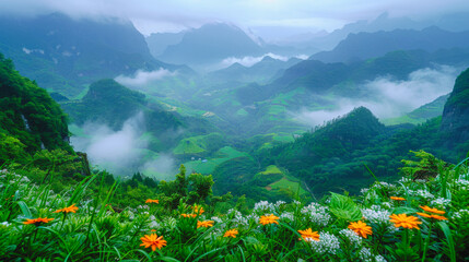Gorgeous Mountains with flowers, lush greenery, gardens, and terraced land. An amazing landscape picture for wallpaper, posters, print, wall art, and more. You only get unique from me.