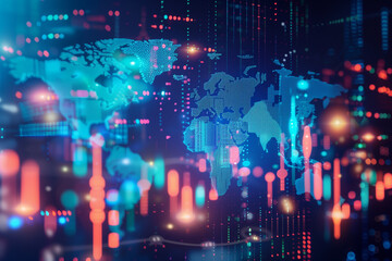 Fototapeta premium A professional photo featuring a digital world map adorned with global stock market charts and graphs. The financial data is depicted in vivid colors, with an abstract background p