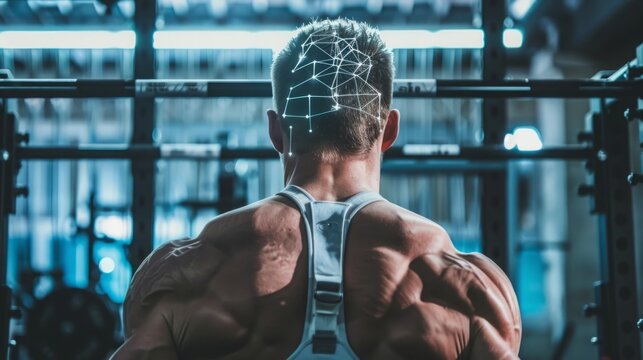 A muscular man wearing a white tank top faces away from the camera as he works out in the gym. A network of lines connects points on his head, representing a digital illustration of brain activity.