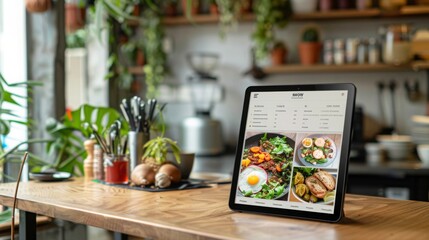 A tablet displaying a restaurant menu sits on a wooden table in a kitchen setting. The tablet shows pictures of food, likely for customers to view while ordering.