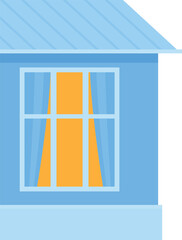 Blue house front view, yellow curtains, simple clean. House facade, blue walls, shining. Building front, minimalistic yellow