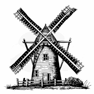 recommend clip art: Line art drawing of traditional windmill over white background.