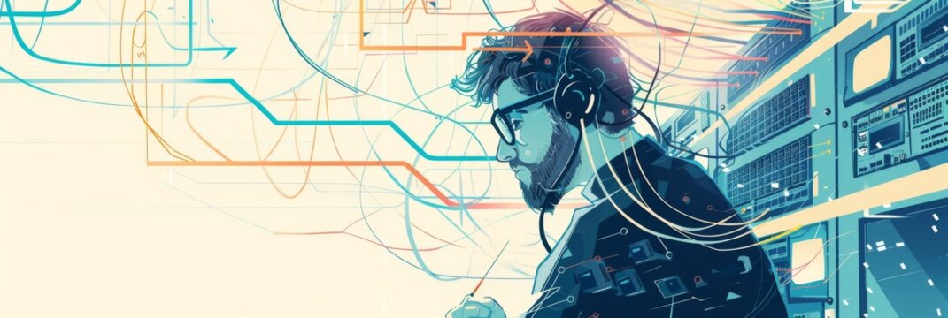 System administrator day, network administrator in server room checks and saves backup data. Horizontal banner. Network Technologies Concept. Free space for text