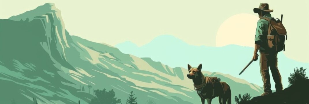 Horizontal banner. World ranger day. A ranger with a dog in the mountains at sunset inspects the territory of the reserve. Protecting nature, helping tourists