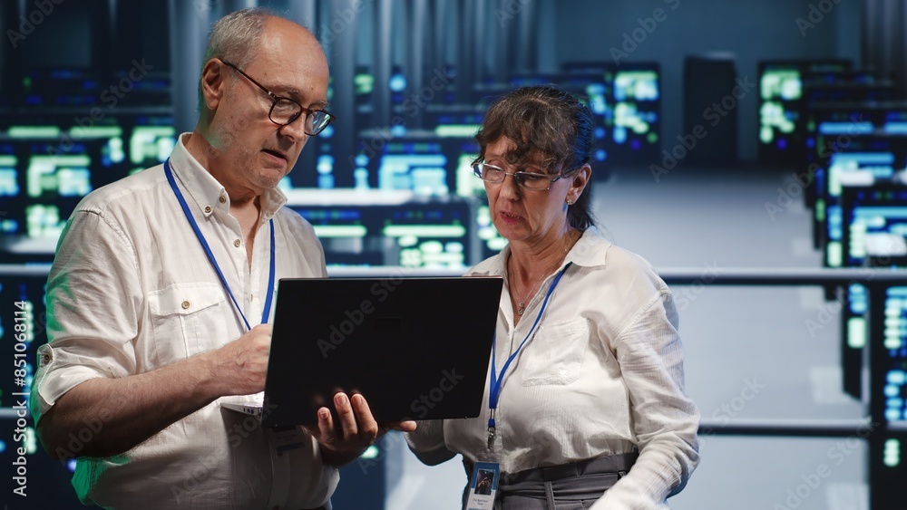 Poster adept mechanics looking around high tech data center, using laptop to crosscheck disaster recovery p