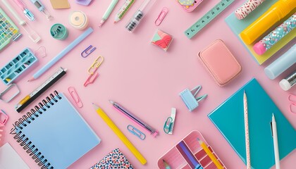 Top view of school supplies on pastel pink table