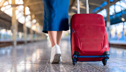Young woman carrying suitcase with wheel on the platform of train station