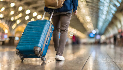 Young man carrying suitcase with wheel on the platform of train station