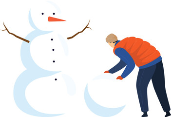Man constructing giant snow human figure, outdoor winter activity, daytime. Individual wearing orange vest, blue attire, beige cap, rolling spherical snowball snowman, isolated white background
