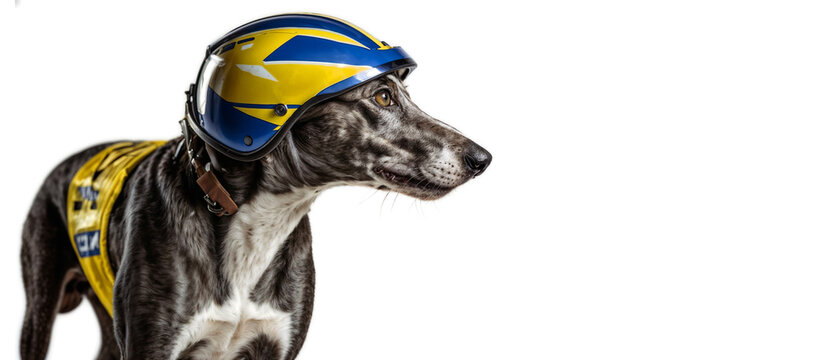 Greyhound racing with a dog wearing a crash helmet isolated on a white background with copy space
