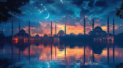 Obraz premium Ramadan Kareem Greeting with Beautiful Mosque Reflection on Water at Sunset