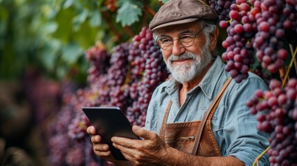 Senior Man Analyzing Grapes in Vineyard with Tablet PC