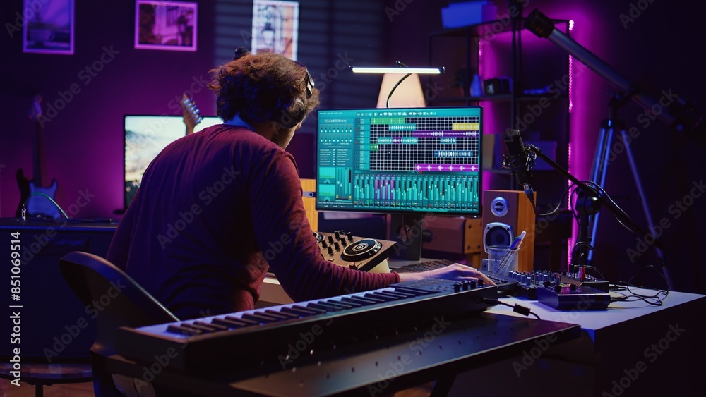 Leinwandbilder Music engineer using usb stick to edit and add sound effects on audio recording, adjusted volume levels. Artist doing mixing and mastering technique on soundboard, plays piano. Camera B.