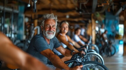 Smiling Senior Man Riding a Stationary Bike in a Fitness Class at the Gym