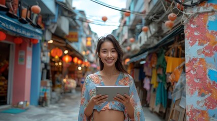 Smiling Young Asian Woman in Swimsuit Holding Tablet in Bustling Market Street