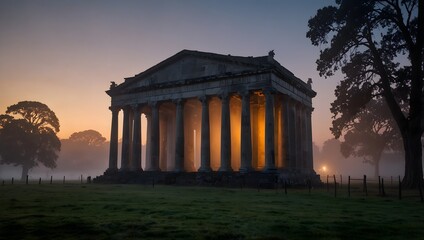 Obraz premium A vivid picture of a historic landmark shrouded in mist during the early hours of dawn ai_generated