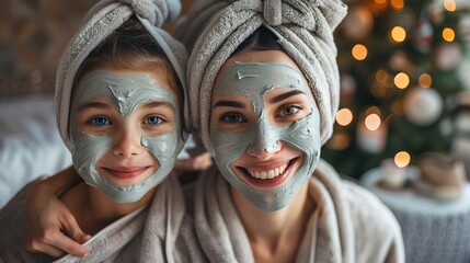Mom and her daughter having fun together, making clay facial mask and wearing bathrobes, photo