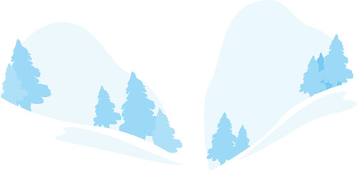 Snowy winter landscape, pine trees covered snowfall, abstract minimalist, vector illustration, isolated white background. Frosty nature scene, silhouette fir trees, light blue color, holiday
