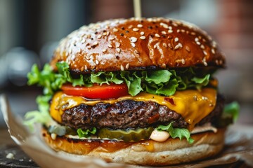Gourmet Burger Close-up with Chef Preparing, Fresh Ingredients on Wooden Board