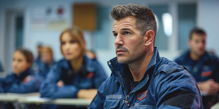 An adult male firefighter in a blue uniform sits attentively in a classroom, symbolizing the education and training of fire rescuers and emergency services professionals
