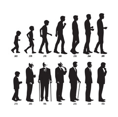 Human in different ages. Silhouette profile of male and female person growth stages, people generations from baby to old vector illustration set. Man and woman characters in aging process