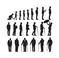 Human in different ages. Silhouette profile of male and female person growth stages, people generations from baby to old vector illustration set. Man and woman characters in aging process