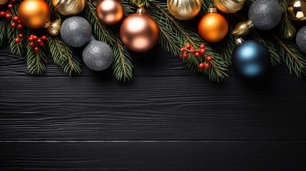 Colorful Christmas decorations and Christmas tree branches lie on a black wooden surface. View from above. --ar 16:9 --style raw --stylize 250 --v 5.2 Job ID: 1df58ae5-c4d1-4047-97c6-75143af7f46f